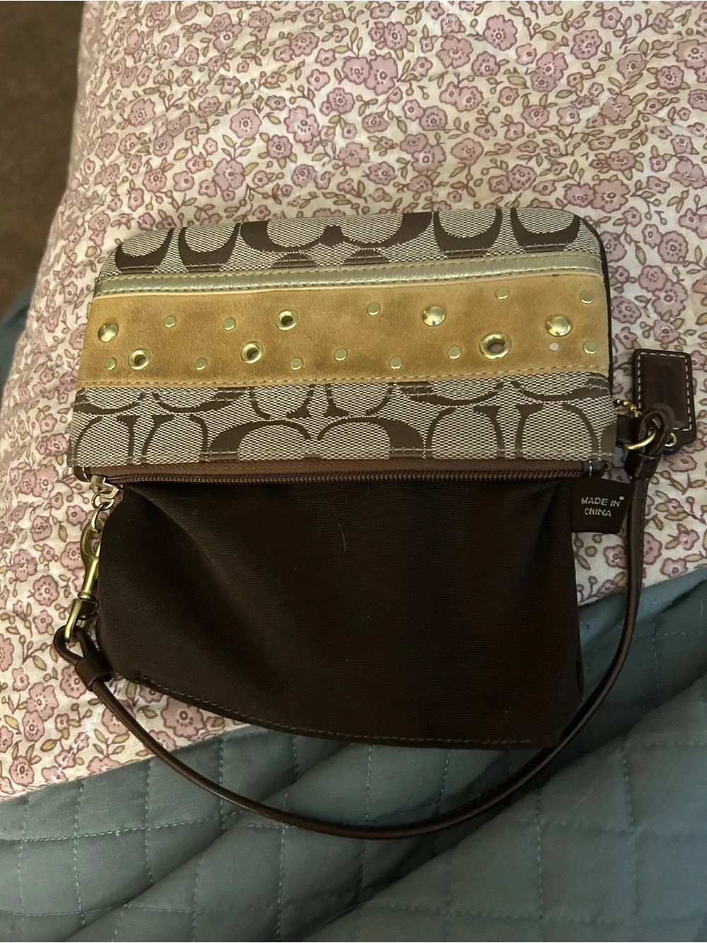 Coach Brown Signature Canvas Wristlet with Gold Stud Accents